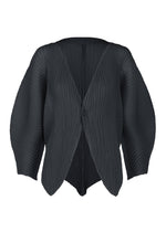 Introducing the LEAF PLEATS cardigan by ISSEY MIYAKE: a black, pleated design featuring voluminous sleeves, a deep V-neckline, and a single front button. The fabric showcases vertical textured lines that evoke the signature pleats characteristic of ISSEY MIYAKE. - DARK NAVY （no.78）