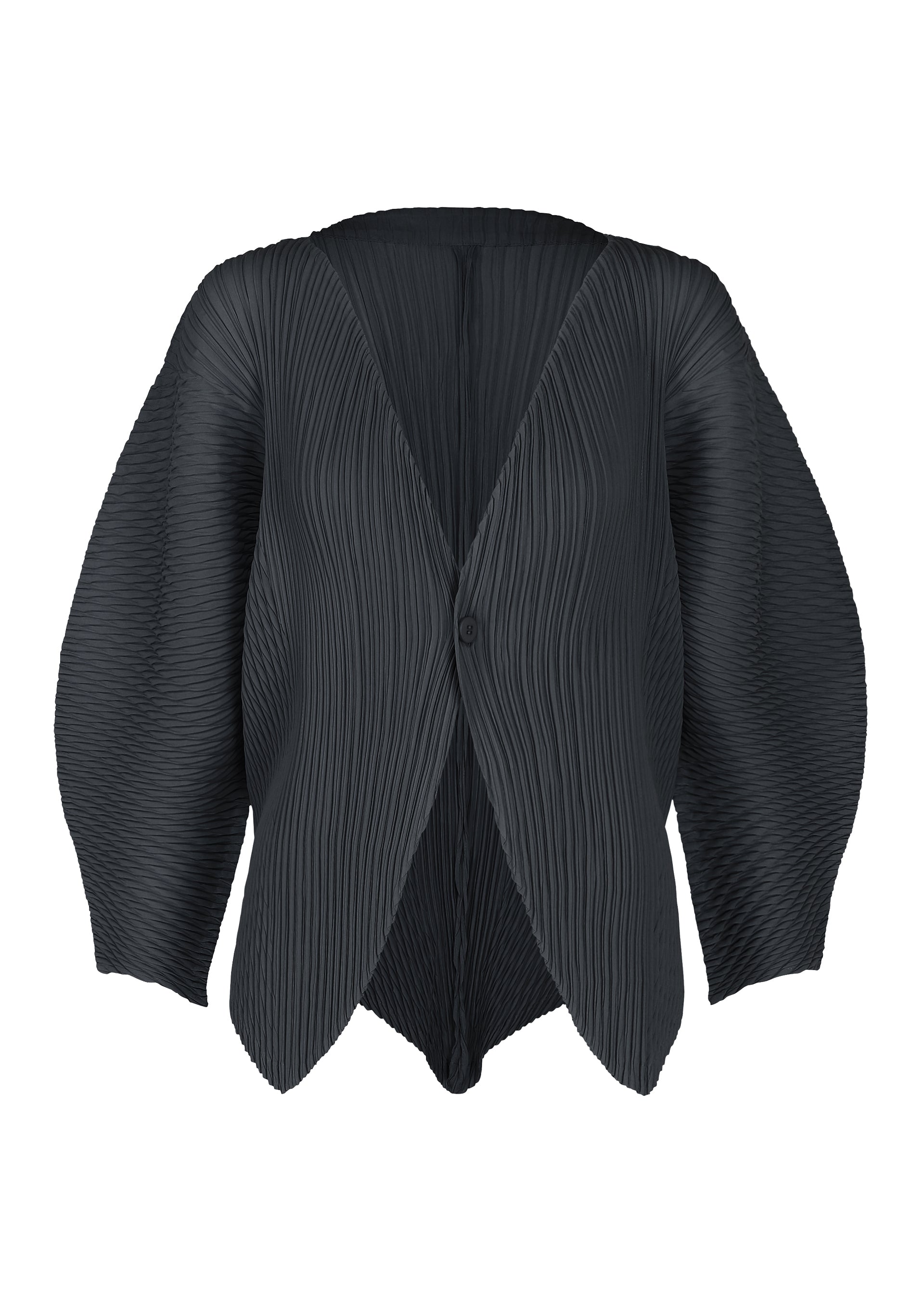 Zoomed view Introducing the LEAF PLEATS cardigan by ISSEY MIYAKE: a black, pleated design featuring voluminous sleeves, a deep V-neckline, and a single front button. The fabric showcases vertical textured lines that evoke the signature pleats characteristic of ISSEY MIYAKE. - DARK NAVY （no.78）