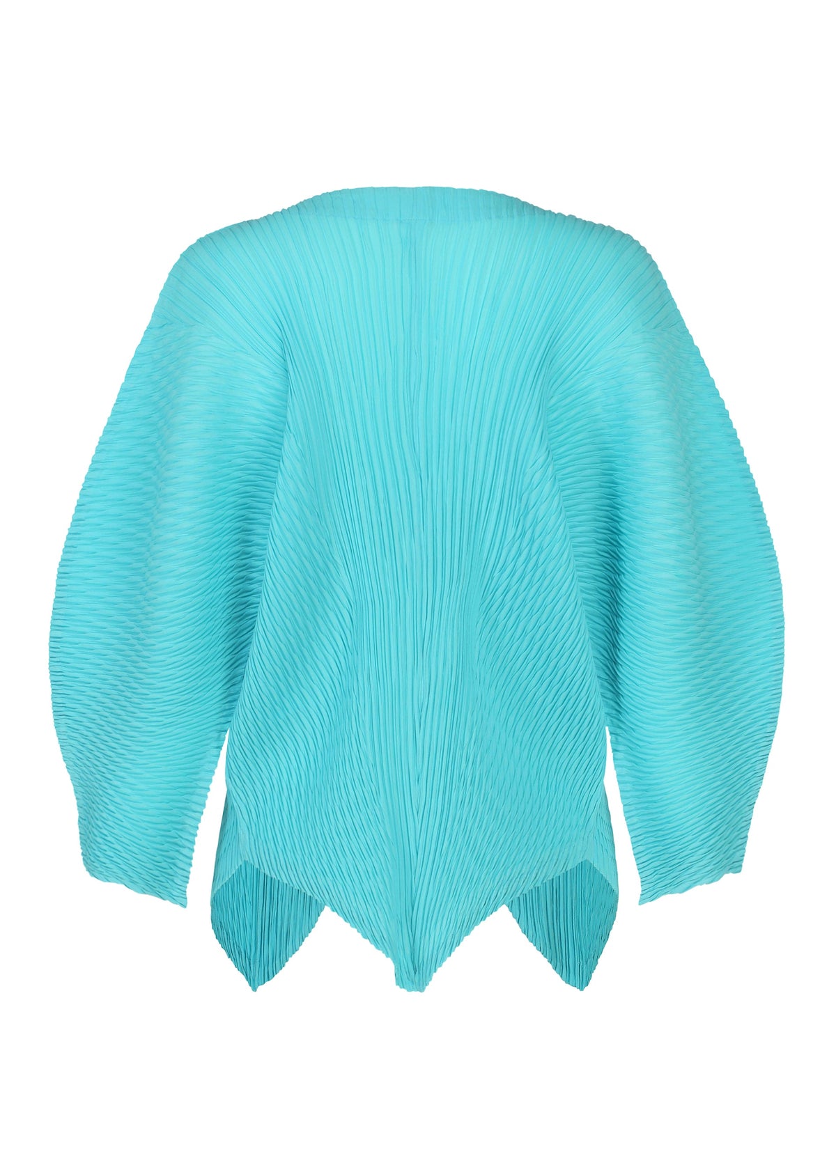 A turquoise, long-sleeve LEAF PLEATS top by ISSEY MIYAKE features sculptural pleating, an oversized silhouette, and a pointed asymmetrical hem that showcases the brand’s signature artistry. view 4 of 7