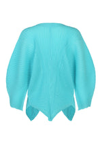 A turquoise, long-sleeve LEAF PLEATS top by ISSEY MIYAKE features sculptural pleating, an oversized silhouette, and a pointed asymmetrical hem that showcases the brand’s signature artistry.