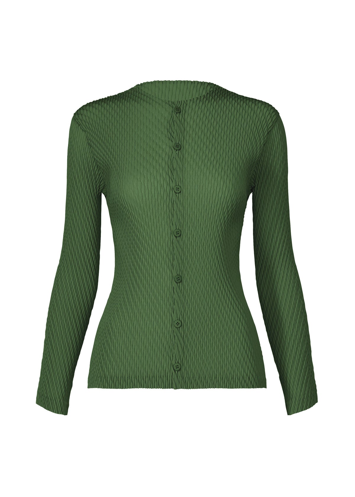 The ISSEY MIYAKE RHOMBUS PLEATS is a fitted, long-sleeve textured green cardigan featuring double pleats, a round neckline, and front button closure, shown against a plain white background. view 3 of 5