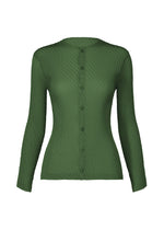 The ISSEY MIYAKE RHOMBUS PLEATS is a fitted, long-sleeve textured green cardigan featuring double pleats, a round neckline, and front button closure, shown against a plain white background.