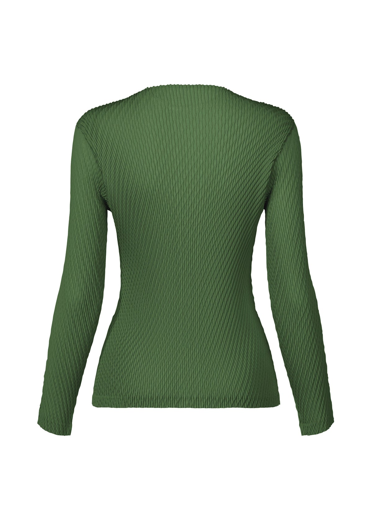 ISSEY MIYAKE's RHOMBUS PLEATS is an olive green, long-sleeve ribbed knit top with a slim fit and textured fabric—ideal for layering under a sleek cardigan for added style. view 2 of 5