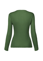 ISSEY MIYAKE's RHOMBUS PLEATS is an olive green, long-sleeve ribbed knit top with a slim fit and textured fabric—ideal for layering under a sleek cardigan for added style.