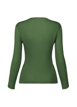 The RHOMBUS PLEATS by ISSEY MIYAKE is a fitted, long-sleeved green cardigan with a ribbed texture and sleek silhouette, displayed from the back against a white background.