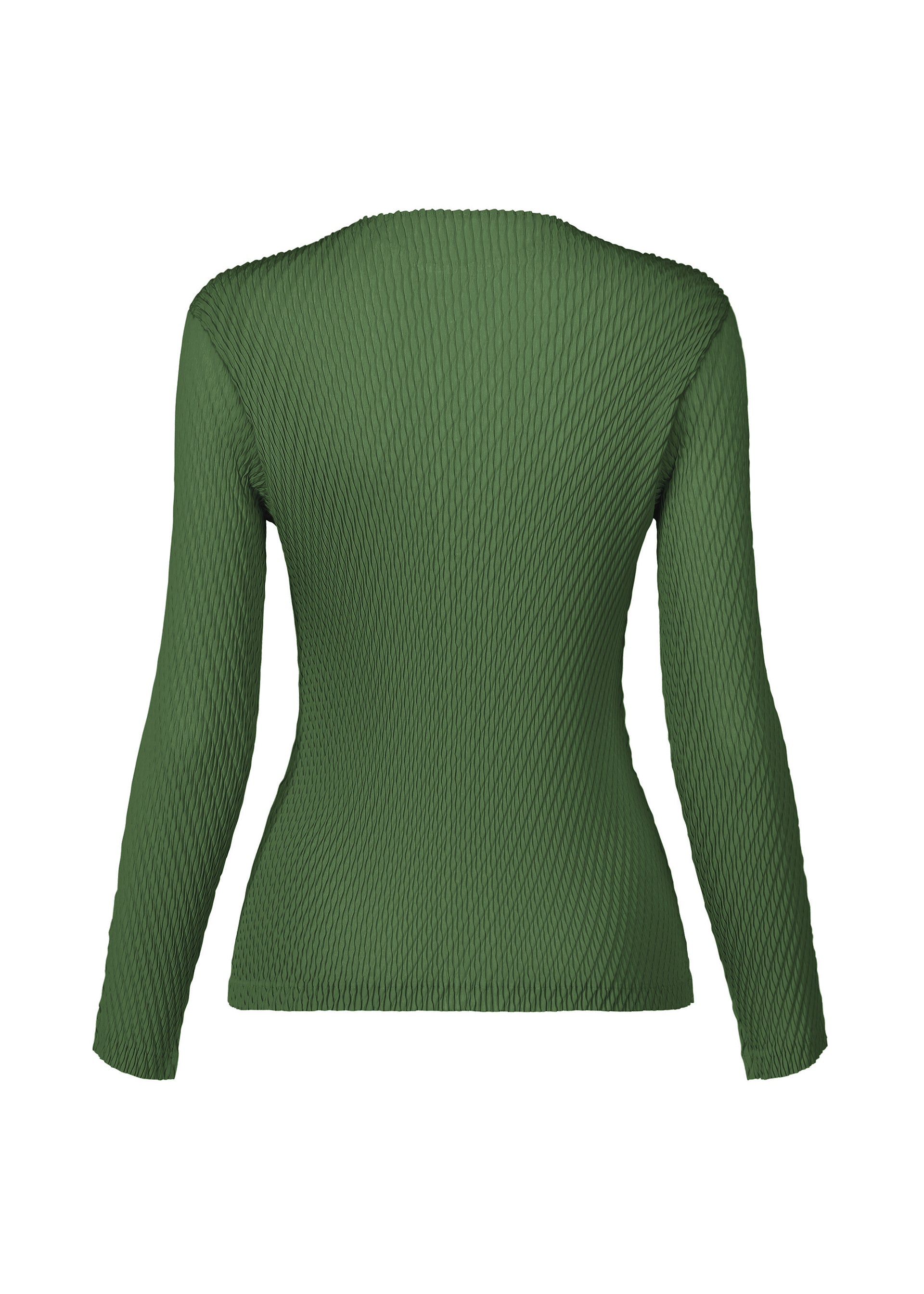 Zoomed view The RHOMBUS PLEATS by ISSEY MIYAKE is a fitted, long-sleeved green cardigan with a ribbed texture and sleek silhouette, displayed from the back against a white background.