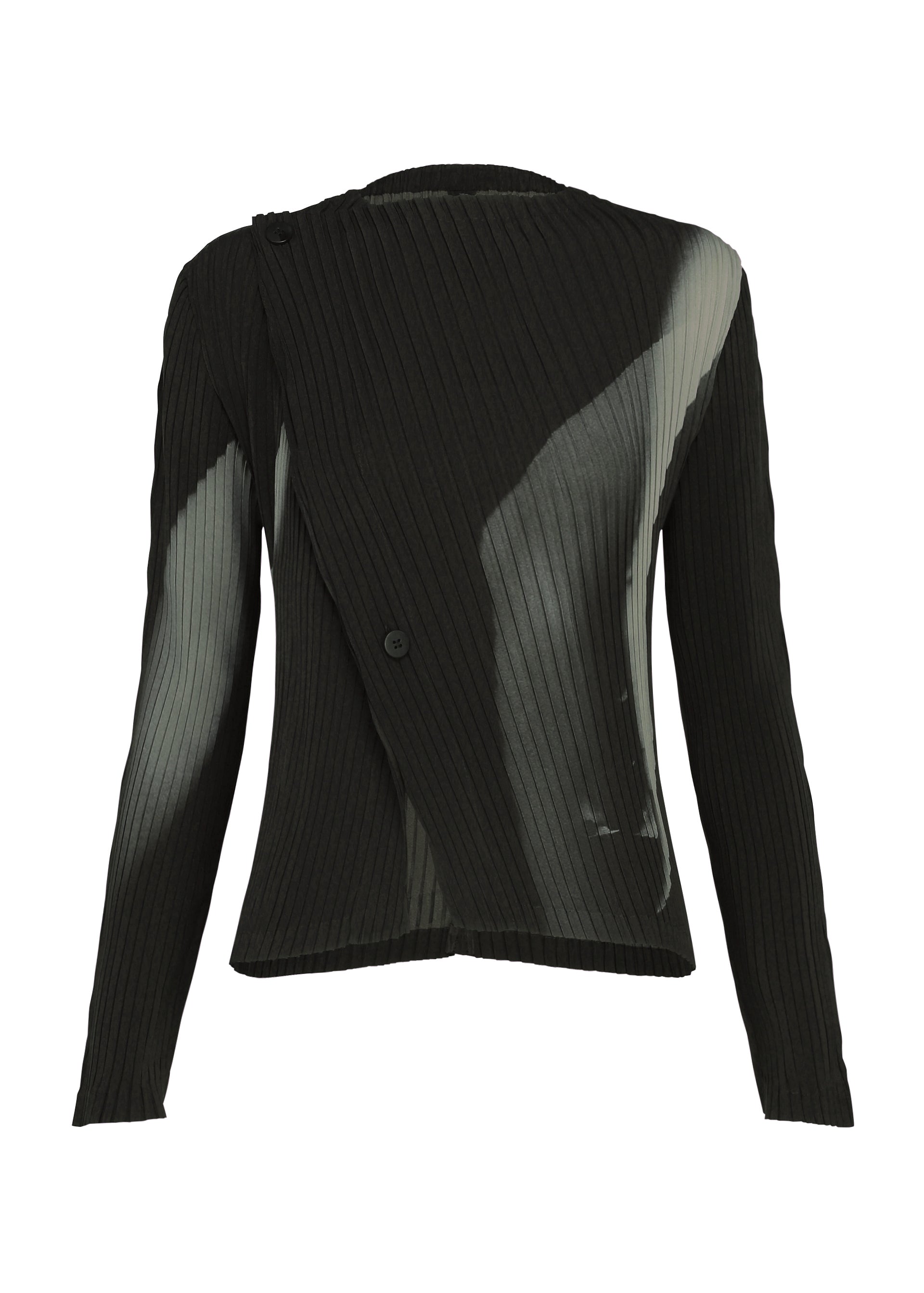 Zoomed view The HANDS OF LOVER PLEATS top by ISSEY MIYAKE is a black, long-sleeve ribbed-knit piece featuring an asymmetrical button closure and light gray abstract patterns on the shoulder and side, created through original inkjet printing. - BLACK-HUED （no.17）