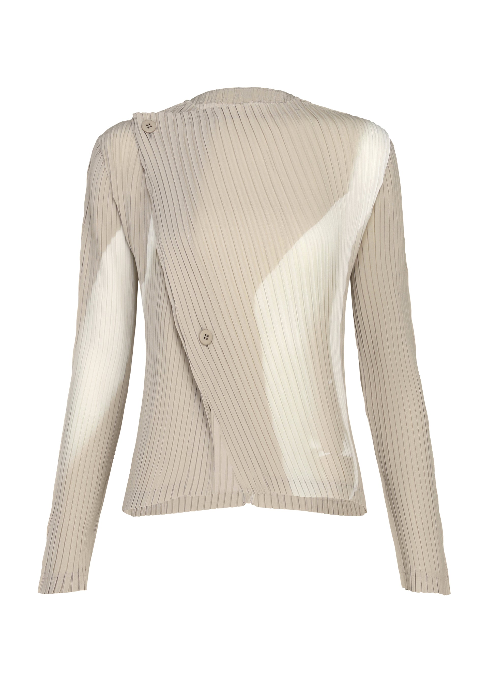 Zoomed view The HANDS OF LOVER PLEATS blouse by ISSEY MIYAKE is a beige, long-sleeve pleated top crafted from polyester crepe de chine. It features an asymmetrical front with overlapping panels and three buttons, shown against a plain white background. - BEIGE-HUED （no.46）