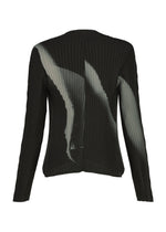 The HANDS OF LOVER PLEATS by ISSEY MIYAKE is a black ribbed long-sleeve top, featuring a fitted silhouette with subtle vertical pleated textures and an original white pattern on the back created using inkjet printing.