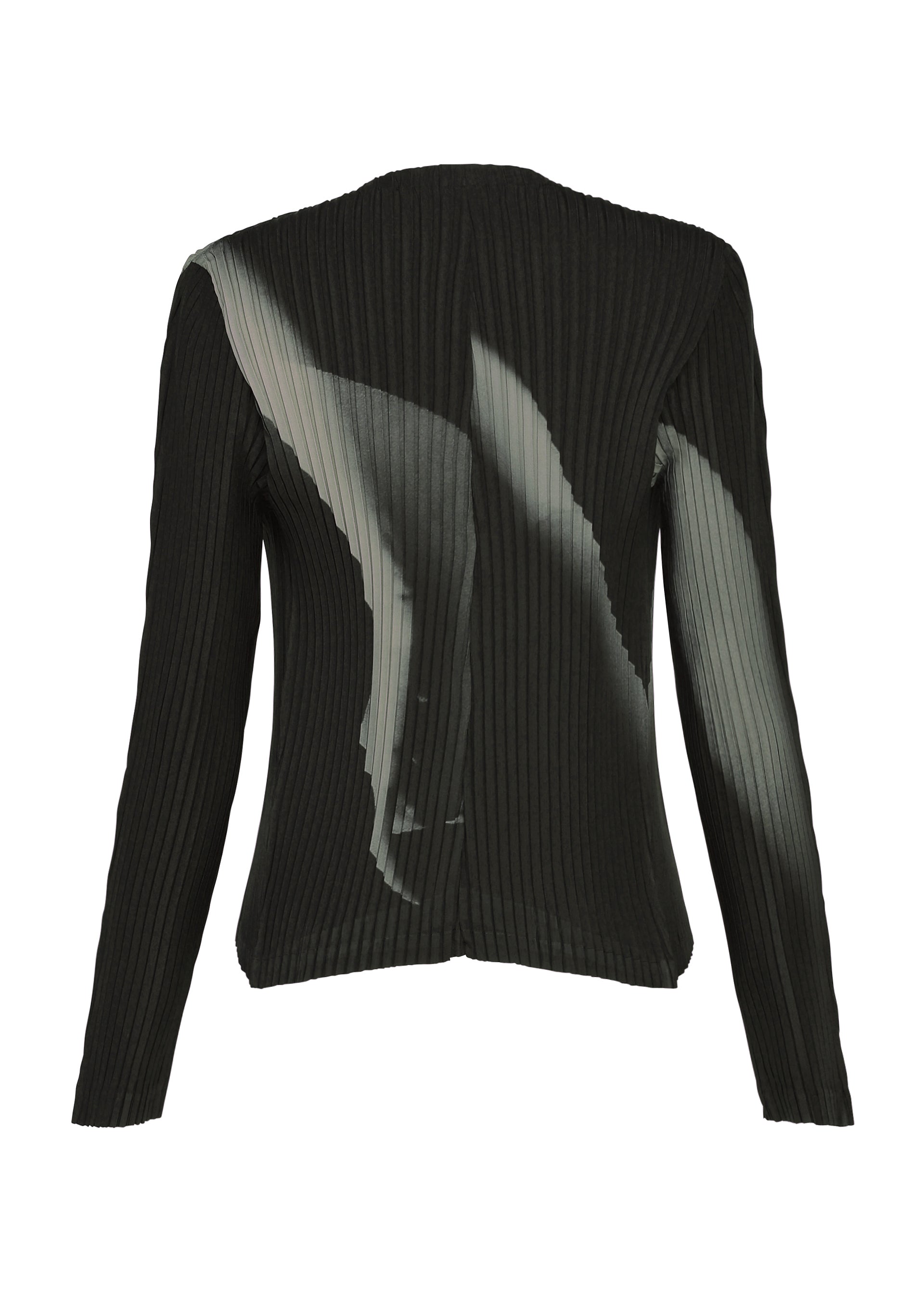 Zoomed view The HANDS OF LOVER PLEATS by ISSEY MIYAKE is a black ribbed long-sleeve top, featuring a fitted silhouette with subtle vertical pleated textures and an original white pattern on the back created using inkjet printing.