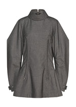 The REFLECTION jacket by ISSEY MIYAKE is a gray, long-sleeve piece featuring a structured silhouette with a high collar, front zippers, and flared hem, expertly crafted from reflector fabric for a modern edge. - GRAY （no.12）