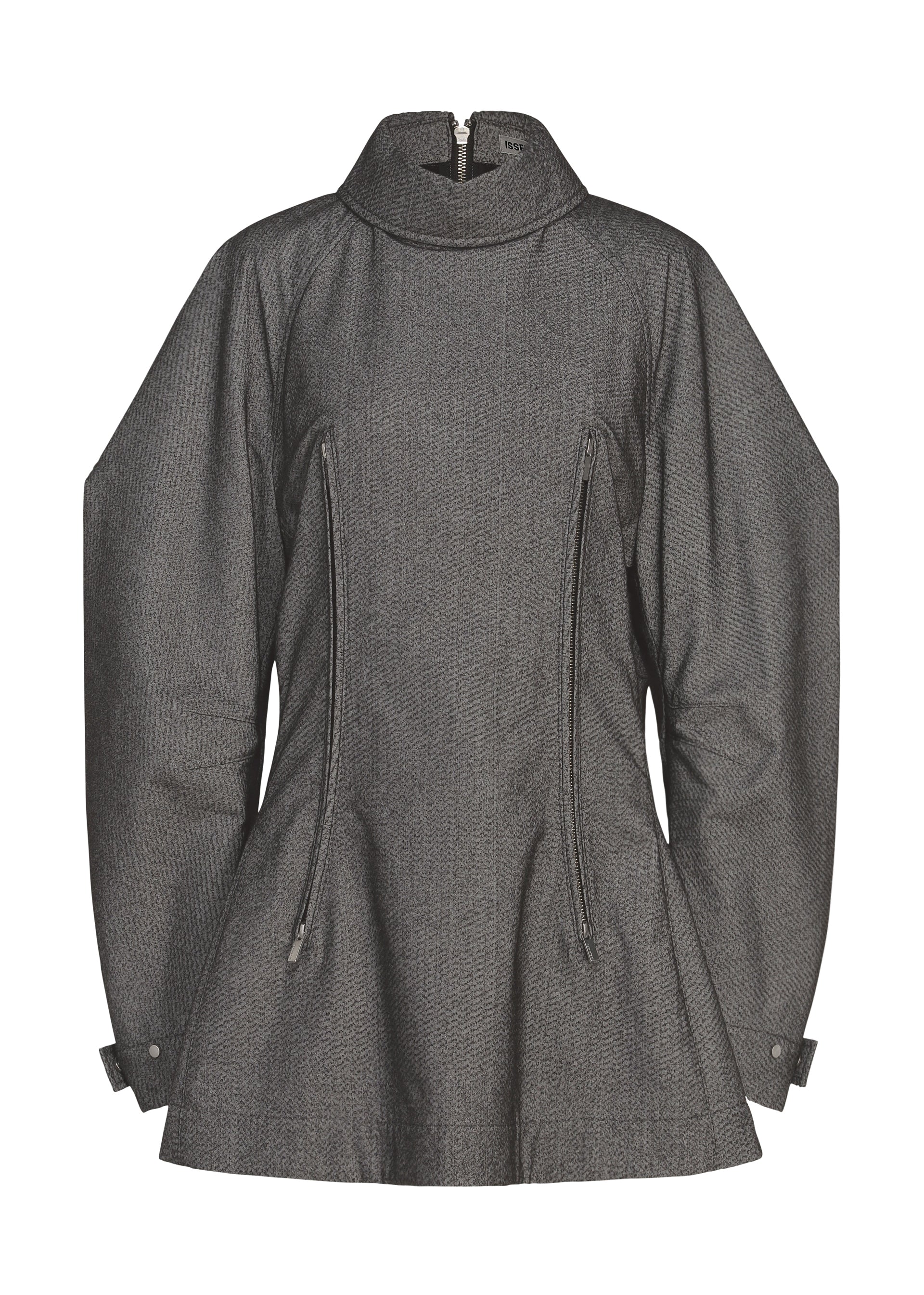 Zoomed view The REFLECTION jacket by ISSEY MIYAKE is a gray, long-sleeve piece featuring a structured silhouette with a high collar, front zippers, and flared hem, expertly crafted from reflector fabric for a modern edge. - GRAY （no.12）