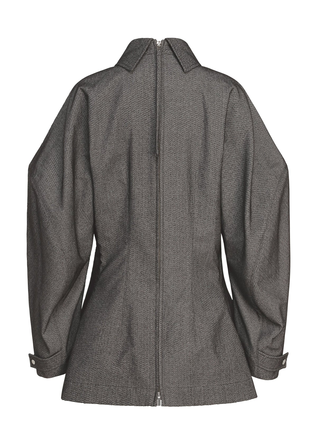 Back view of ISSEY MIYAKE’s REFLECTION—a gray, long-sleeved, collared jacket with a visible center zipper and wide, slightly puffed sleeves crafted from reflector fabric. This tailored piece features wrist straps with buttons and subtle reflective detailing that blend utilitarian style with innovative design. view 3 of 8