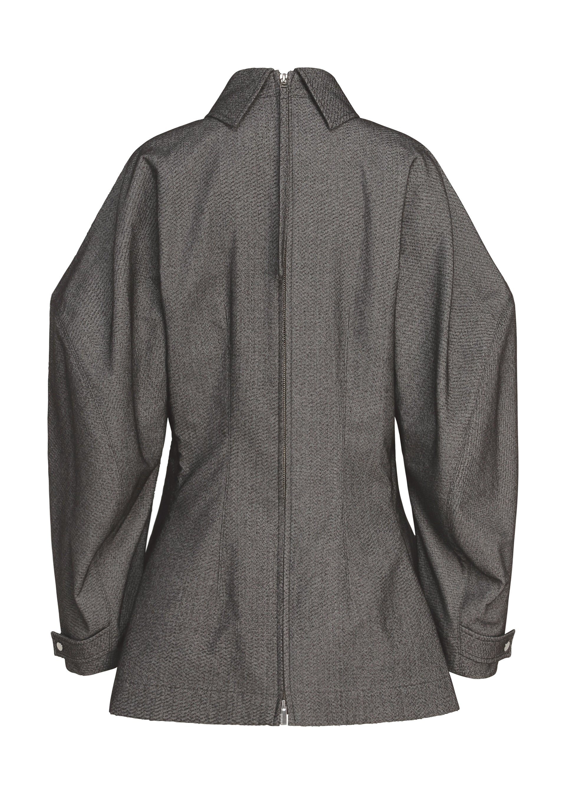 Zoomed view Back view of ISSEY MIYAKE’s REFLECTION—a gray, long-sleeved, collared jacket with a visible center zipper and wide, slightly puffed sleeves crafted from reflector fabric. This tailored piece features wrist straps with buttons and subtle reflective detailing that blend utilitarian style with innovative design.