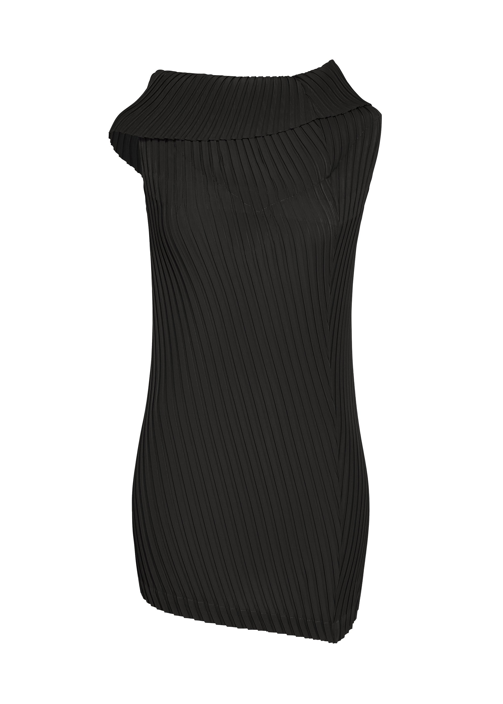 Zoomed view The TUBULAR PLEATS dress by ISSEY MIYAKE is a sleeveless black tunic crafted from polyester decine, featuring diagonal box pleats and an asymmetrical, folded neckline. - BLACK （no.15）
