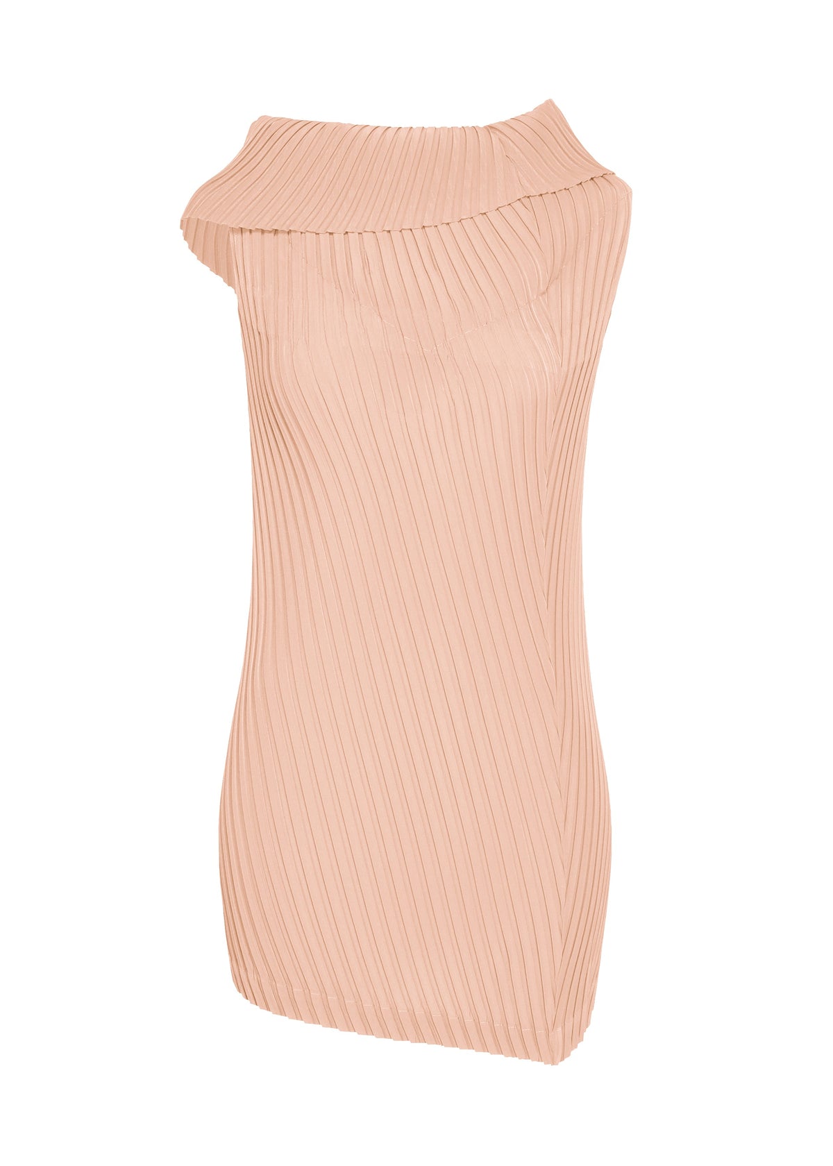 Introducing TUBULAR PLEATS by ISSEY MIYAKE: a sleeveless blush pink tunic featuring box pleats and an asymmetric off-shoulder neckline, crafted from smooth polyester decine. The design’s diagonal ribbed texture and elegant drape offer a modern, sophisticated look. view 2 of 4