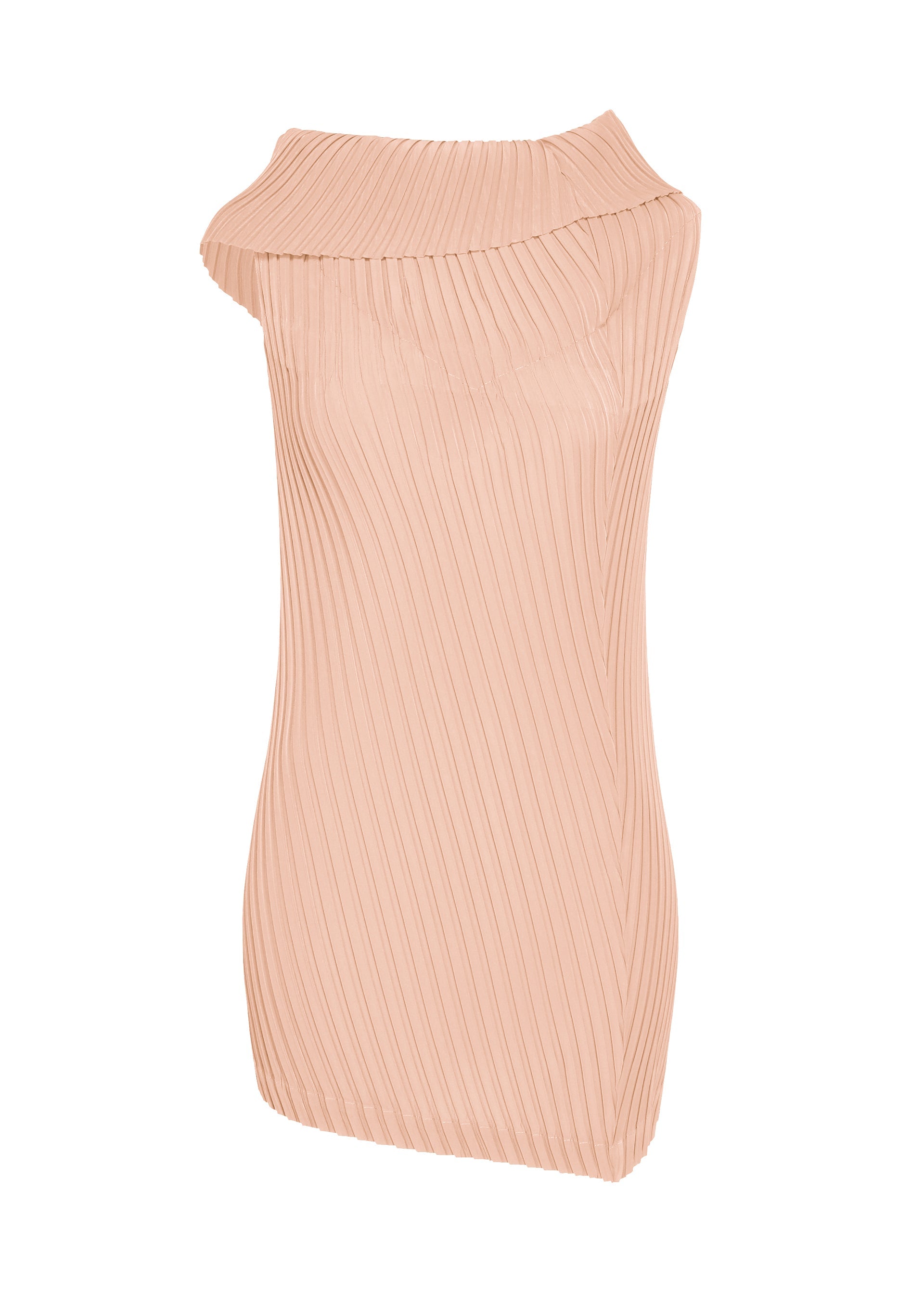 Zoomed view Introducing TUBULAR PLEATS by ISSEY MIYAKE: a sleeveless blush pink tunic featuring box pleats and an asymmetric off-shoulder neckline, crafted from smooth polyester decine. The design’s diagonal ribbed texture and elegant drape offer a modern, sophisticated look. - LIGHT PINK （no.21）