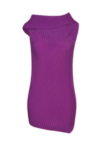 Introducing TUBULAR PLEATS by ISSEY MIYAKE: a sleeveless purple tunic featuring diagonal box pleats and an asymmetric, wide neckline. Crafted from textured polyester decine fabric, this modern silhouette is enhanced with elegant draping on one shoulder for a sophisticated touch. - PURPLE （no.81）