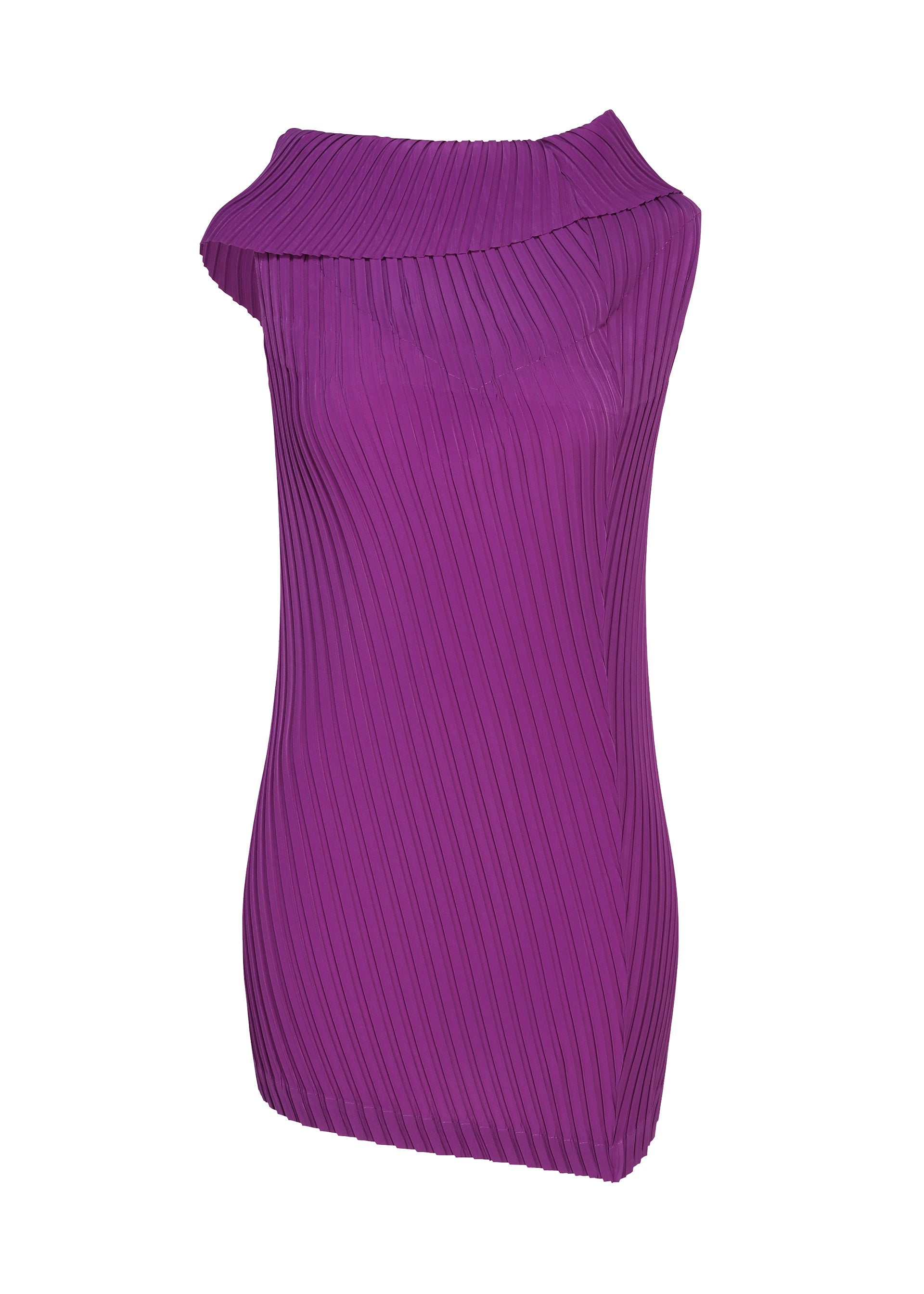 Zoomed view Introducing TUBULAR PLEATS by ISSEY MIYAKE: a sleeveless purple tunic featuring diagonal box pleats and an asymmetric, wide neckline. Crafted from textured polyester decine fabric, this modern silhouette is enhanced with elegant draping on one shoulder for a sophisticated touch. - PURPLE （no.81）