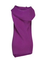 The TUBULAR PLEATS top by ISSEY MIYAKE is a sleeveless purple tunic featuring vertical box pleats and a wide, draped cowl neckline, crafted from soft polyester decine fabric and displayed on a white background.