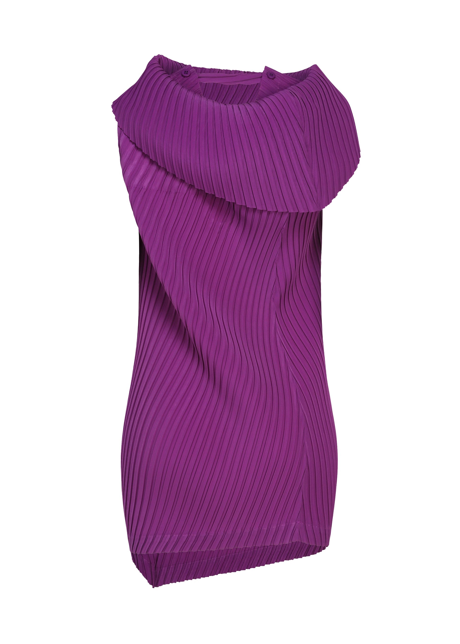Zoomed view The TUBULAR PLEATS top by ISSEY MIYAKE is a sleeveless purple tunic featuring vertical box pleats and a wide, draped cowl neckline, crafted from soft polyester decine fabric and displayed on a white background.