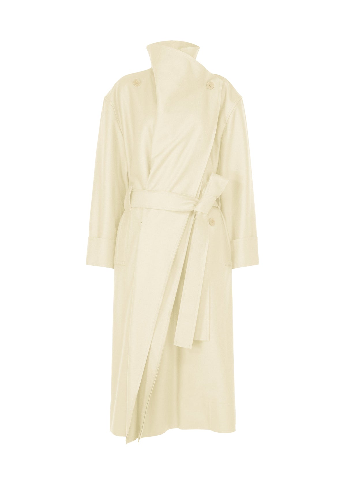 The SHELL long trench coat by ISSEY MIYAKE is crafted from soft cream-colored jersey and features a high collar, button details on the shoulders, wide sleeves, and a matching fabric belt tied at the waist. The coat is showcased against a plain white background. view 1 of 7