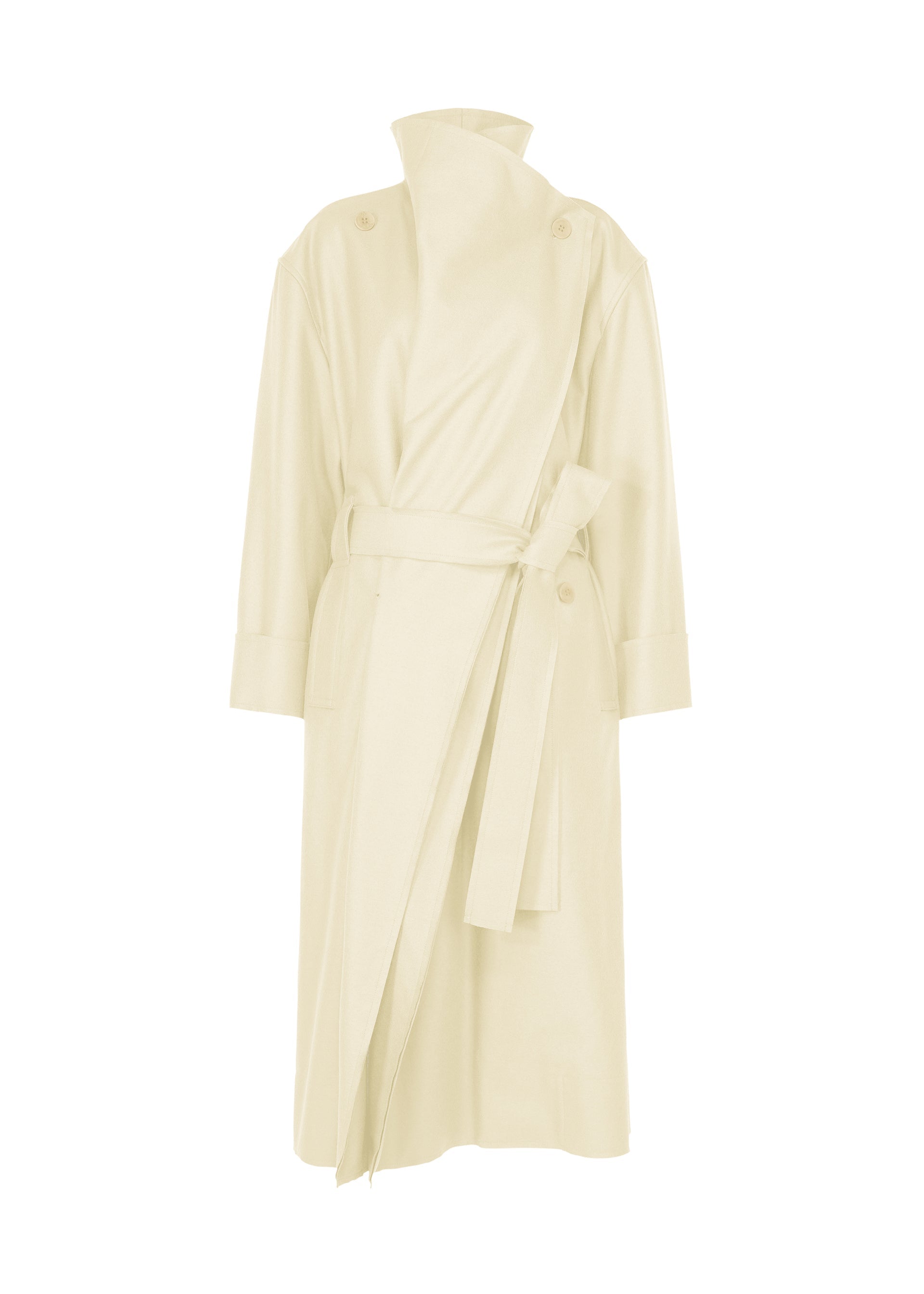 Zoomed view The SHELL long trench coat by ISSEY MIYAKE is crafted from soft cream-colored jersey and features a high collar, button details on the shoulders, wide sleeves, and a matching fabric belt tied at the waist. The coat is showcased against a plain white background. - OFF-WHITE （no.02）