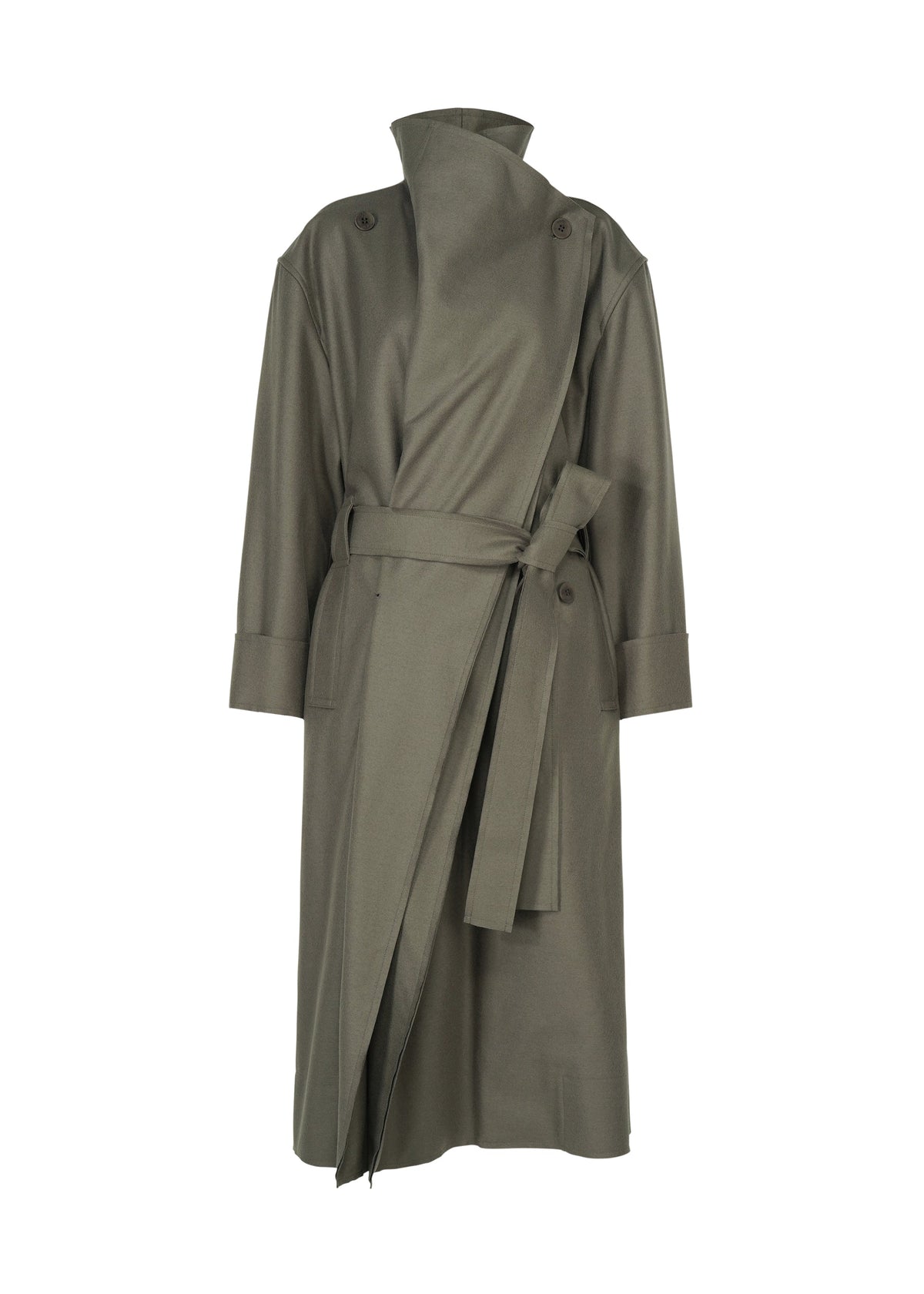 The ISSEY MIYAKE SHELL trench coat in olive green features wide lapels, distinctive button detailing on the shoulders, and a matching waist belt tied at the side. Crafted from soft jersey material, this long coat showcases a straight silhouette with long sleeves and is displayed against a plain white background. view 2 of 7