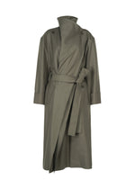The ISSEY MIYAKE SHELL trench coat in olive green features wide lapels, distinctive button detailing on the shoulders, and a matching waist belt tied at the side. Crafted from soft jersey material, this long coat showcases a straight silhouette with long sleeves and is displayed against a plain white background. - GRAY （no.12）