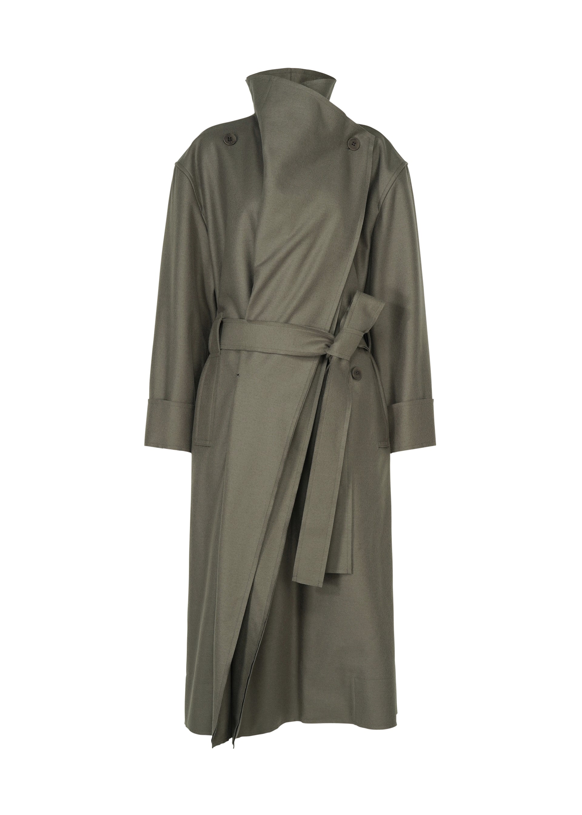 Zoomed view The ISSEY MIYAKE SHELL trench coat in olive green features wide lapels, distinctive button detailing on the shoulders, and a matching waist belt tied at the side. Crafted from soft jersey material, this long coat showcases a straight silhouette with long sleeves and is displayed against a plain white background. - GRAY （no.12）