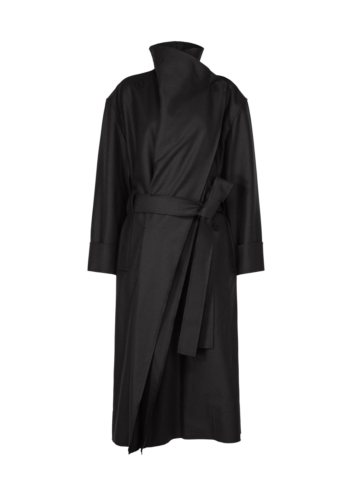 SHELL by ISSEY MIYAKE is a long black trench coat featuring a high collar, wide lapels, and a matching belt at the waist. Crafted from smooth jersey material inspired by ISSEY MIYAKE’s signature style, this minimalist, modern coat is detailed with buttons on the shoulders. view 3 of 7