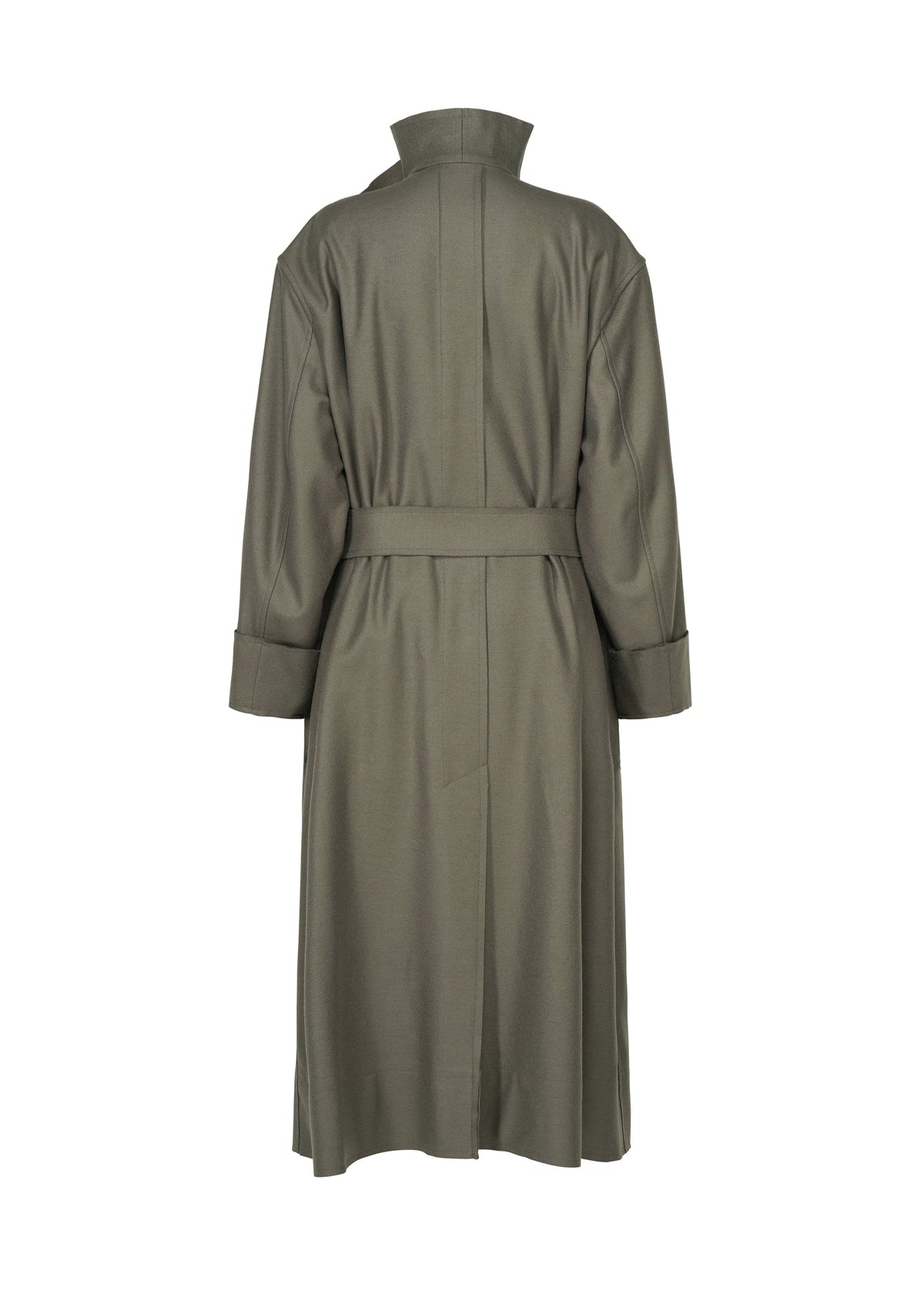 The SHELL trench coat by ISSEY MIYAKE is designed in olive green and viewed from the back, showcasing a belted waist, long sleeves with cuffs, and a structured collar. Crafted from smooth fabric with a subtle sheen, this long coat echoes the timeless aesthetic of classic ISSEY MIYAKE designs. view 4 of 7