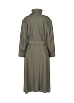 The SHELL trench coat by ISSEY MIYAKE is designed in olive green and viewed from the back, showcasing a belted waist, long sleeves with cuffs, and a structured collar. Crafted from smooth fabric with a subtle sheen, this long coat echoes the timeless aesthetic of classic ISSEY MIYAKE designs.