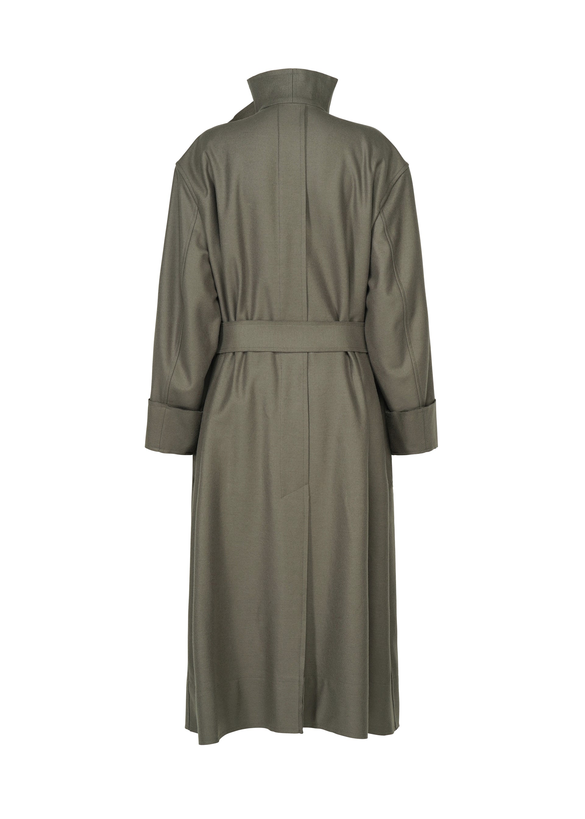 Zoomed view The SHELL trench coat by ISSEY MIYAKE is designed in olive green and viewed from the back, showcasing a belted waist, long sleeves with cuffs, and a structured collar. Crafted from smooth fabric with a subtle sheen, this long coat echoes the timeless aesthetic of classic ISSEY MIYAKE designs.