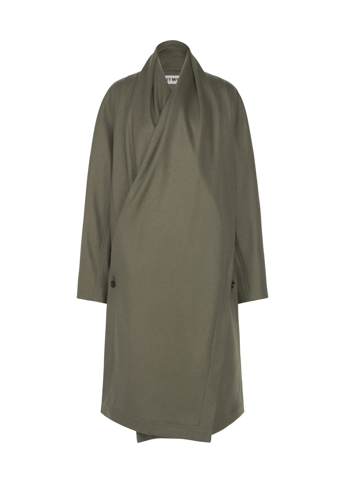 ISSEY MIYAKE MANNER: Olive green, knee-length wool jersey coat with wide lapels, long sleeves, and two side buttons, shown on a plain white background. view 1 of 8
