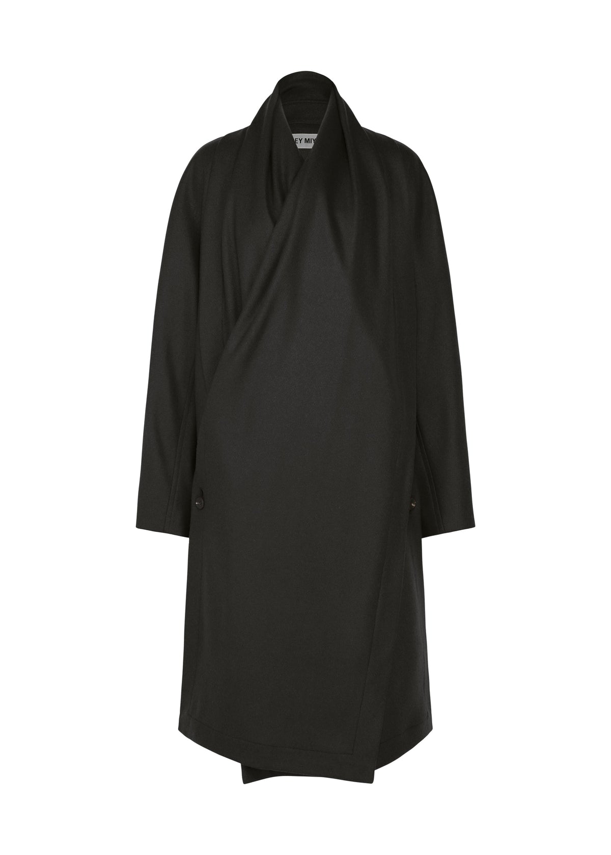 The ISSEY MIYAKE MANNER is a black, knee-length wool jersey coat with long sleeves, a draped asymmetrical front, and wide lapels, shown against a white background. view 2 of 8