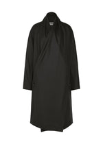 The ISSEY MIYAKE MANNER is a black, knee-length wool jersey coat with long sleeves, a draped asymmetrical front, and wide lapels, shown against a white background. - BLACK （no.15）