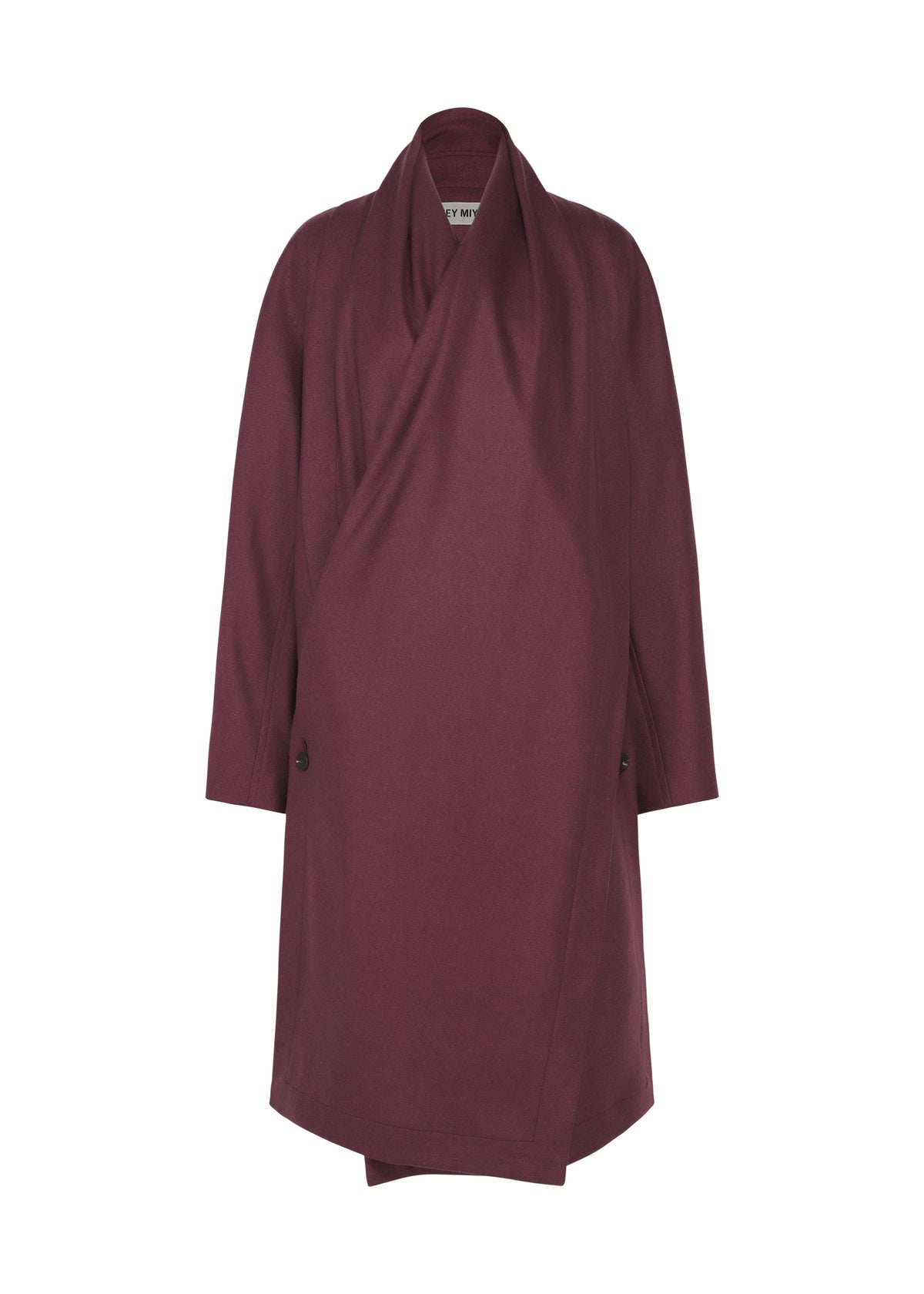 The ISSEY MIYAKE MANNER is a burgundy, long-sleeve, open-front lamb’s wool coat with a draped collar, displayed on a plain white background. view 3 of 8