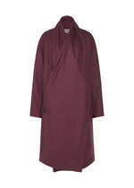 The ISSEY MIYAKE MANNER is a burgundy, long-sleeve, open-front lamb’s wool coat with a draped collar, displayed on a plain white background. - PURPLE （no.81）