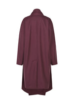 The MANNER coat by ISSEY MIYAKE is shown from the back in burgundy recycled fabric, featuring a straight fit, center seam, subtle collar, long sleeves, and a clean, minimal design.