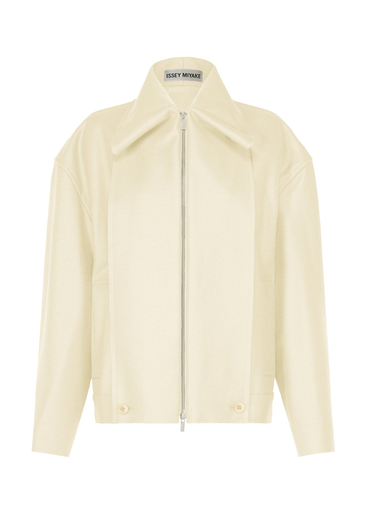 Introducing SHELL, a cream-colored, long-sleeve jacket by ISSEY MIYAKE, crafted from luxurious wool jersey. This minimalist piece features a front zipper, wide collar, two buttons at the hem, and a label inside that reads ISSEY MIYAKE. Reflecting the refined aesthetic of the Autumn Winter 2026/27 Collection, SHELL encapsulates modern elegance and clean design. view 1 of 8