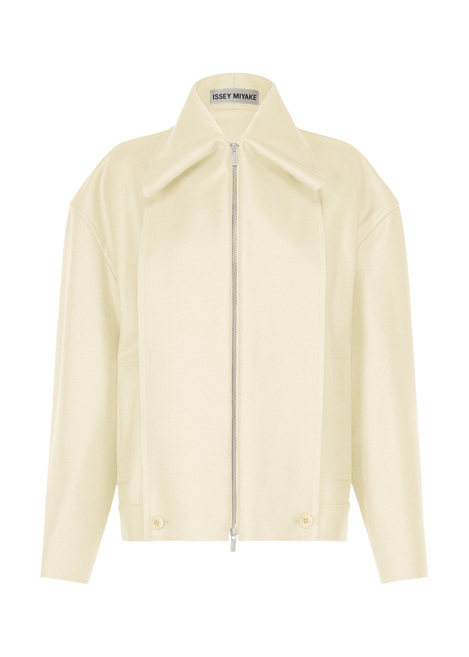 Zoomed view Introducing SHELL, a cream-colored, long-sleeve jacket by ISSEY MIYAKE, crafted from luxurious wool jersey. This minimalist piece features a front zipper, wide collar, two buttons at the hem, and a label inside that reads ISSEY MIYAKE. Reflecting the refined aesthetic of the Autumn Winter 2026/27 Collection, SHELL encapsulates modern elegance and clean design. - OFF-WHITE （no.02）