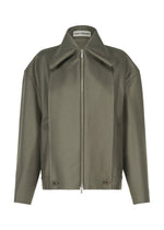The SHELL jacket by ISSEY MIYAKE from the Autumn Winter 2026/27 Collection is crafted in luxurious olive green wool jersey. This minimalist, boxy piece features a front zipper, wide collar, long sleeves, and two buttons at the hem, with a visible brand label on the inside collar. - GRAY （no.12）