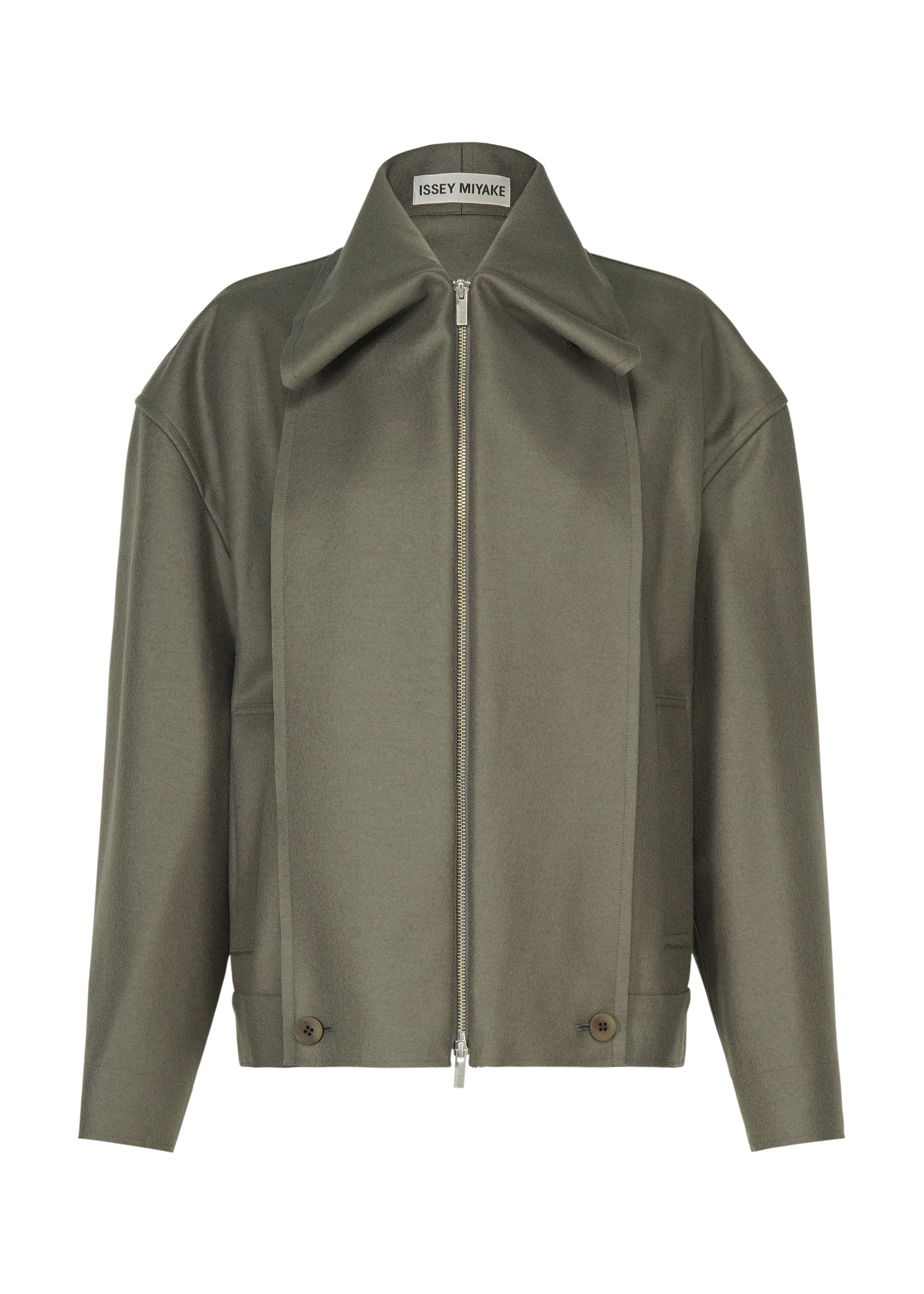 Zoomed view The SHELL jacket by ISSEY MIYAKE from the Autumn Winter 2026/27 Collection is crafted in luxurious olive green wool jersey. This minimalist, boxy piece features a front zipper, wide collar, long sleeves, and two buttons at the hem, with a visible brand label on the inside collar. - GRAY （no.12）
