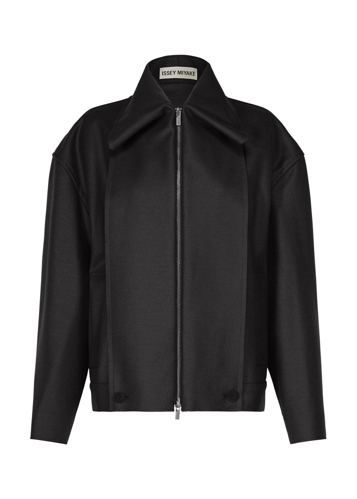 A black wool jersey zip-up jacket from ISSEY MIYAKE’s SHELL line, featuring a wide collar, long sleeves, and a minimalist silhouette. The interior label identifies it as part of the Autumn Winter 2026/27 Collection. view 3 of 8