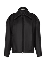 A black wool jersey zip-up jacket from ISSEY MIYAKE’s SHELL line, featuring a wide collar, long sleeves, and a minimalist silhouette. The interior label identifies it as part of the Autumn Winter 2026/27 Collection. - BLACK （no.15）