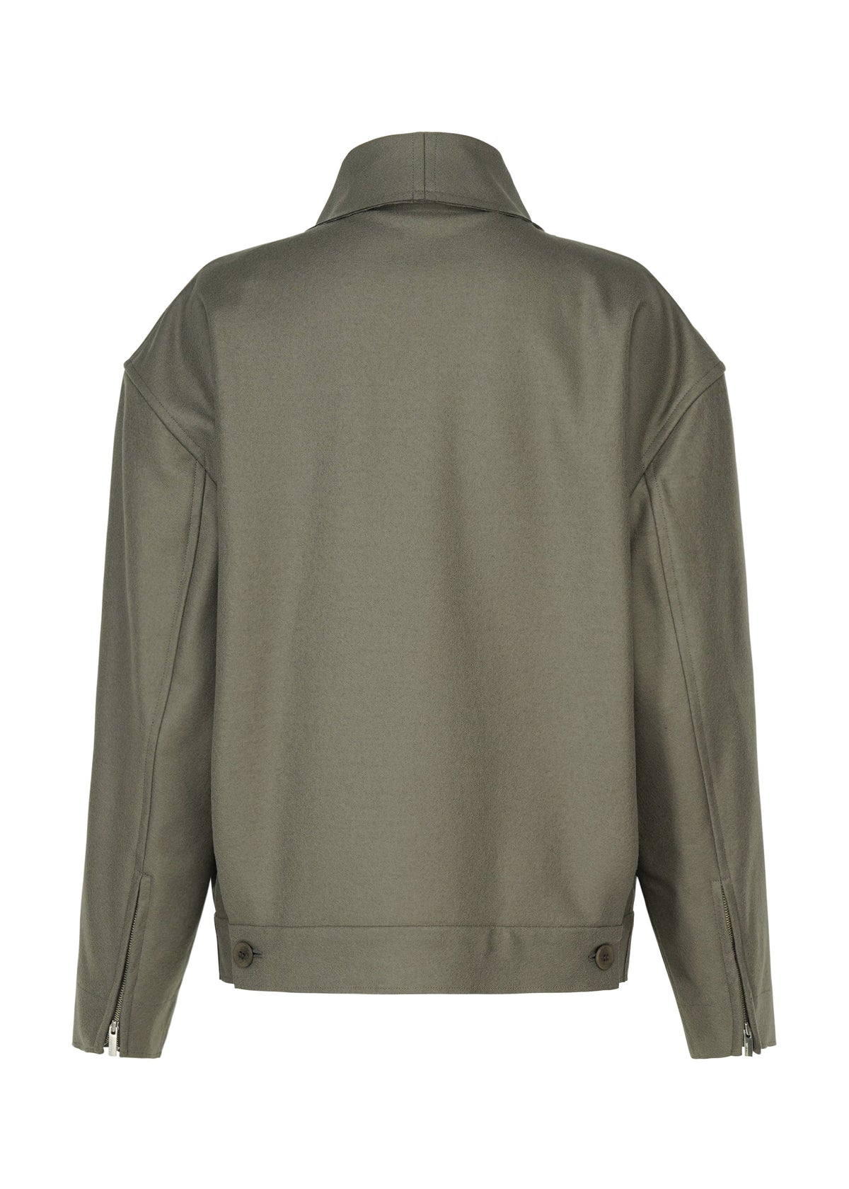 Back view of the SHELL jacket by ISSEY MIYAKE from the Autumn Winter 2026/27 Collection, in a plain olive-green shade. This luxurious wool jersey piece features long sleeves, a high collar, zippered sleeve cuffs, and button details at the hem. Its minimalist design is structured for a refined silhouette. view 4 of 8