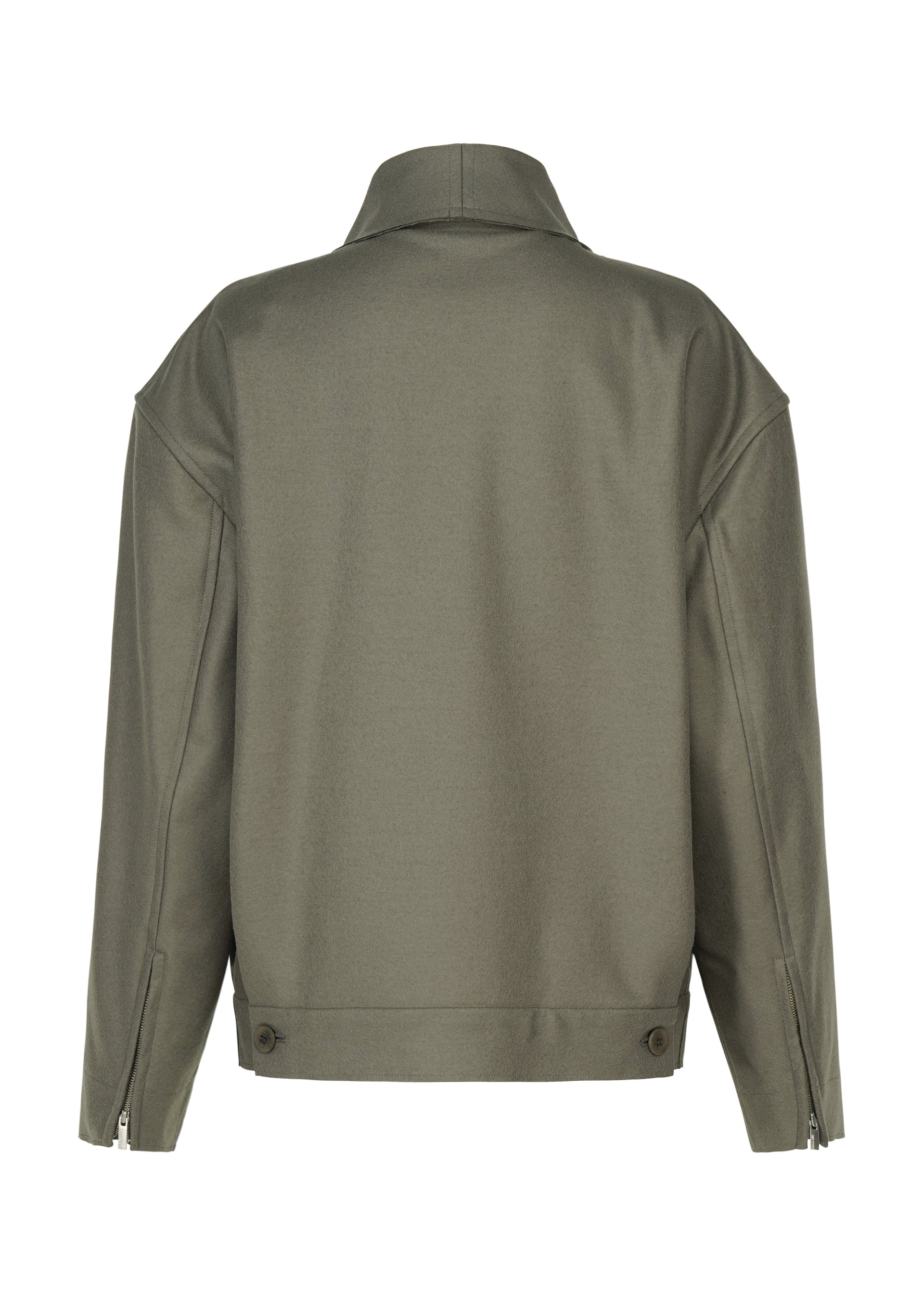 Zoomed view Back view of the SHELL jacket by ISSEY MIYAKE from the Autumn Winter 2026/27 Collection, in a plain olive-green shade. This luxurious wool jersey piece features long sleeves, a high collar, zippered sleeve cuffs, and button details at the hem. Its minimalist design is structured for a refined silhouette.