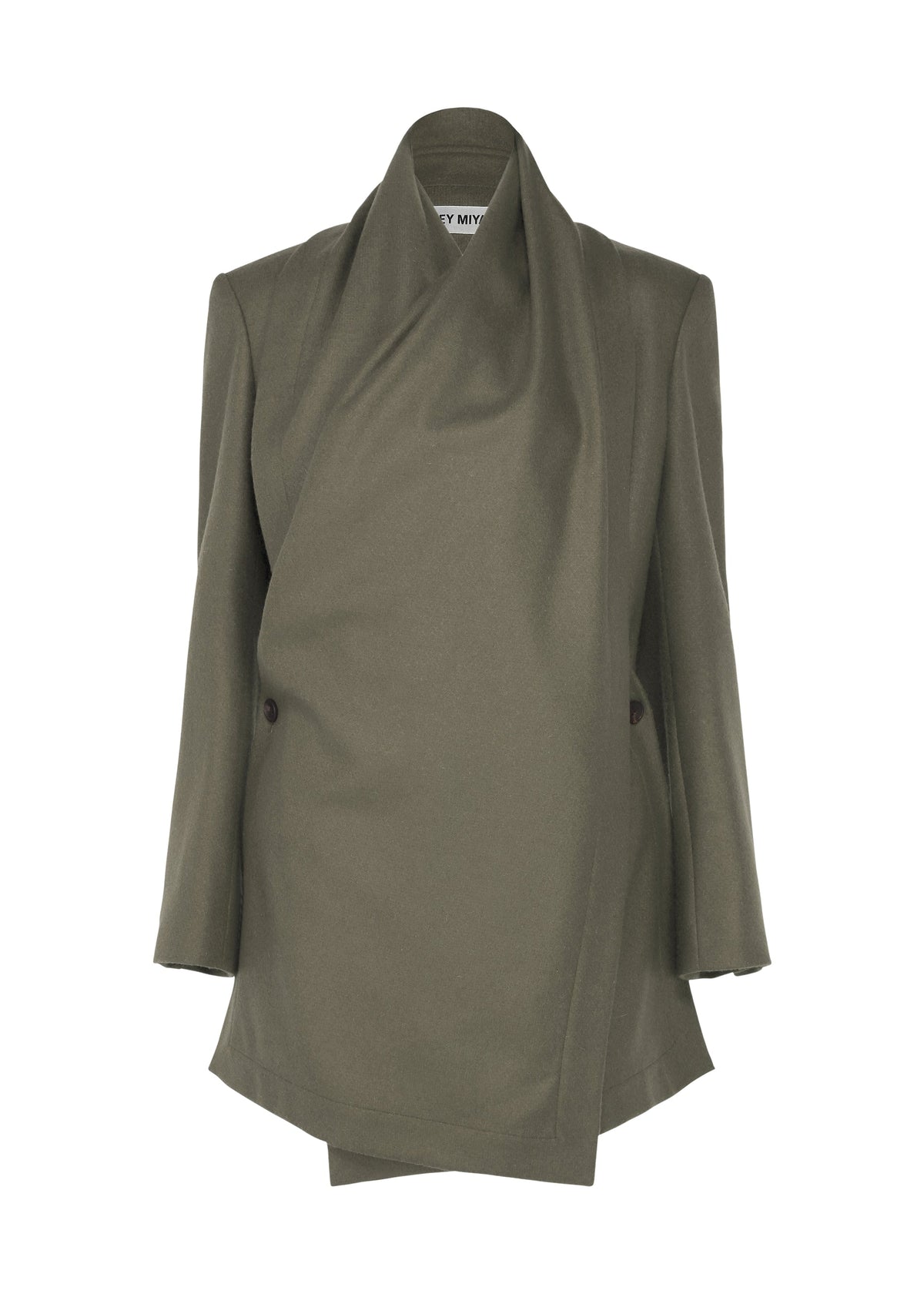 MANNER by ISSEY MIYAKE: An olive green, draped asymmetrical blazer made from upcycled fabric, featuring a high collar and structured shoulders. Sustainable fashion on a plain white background. view 1 of 8