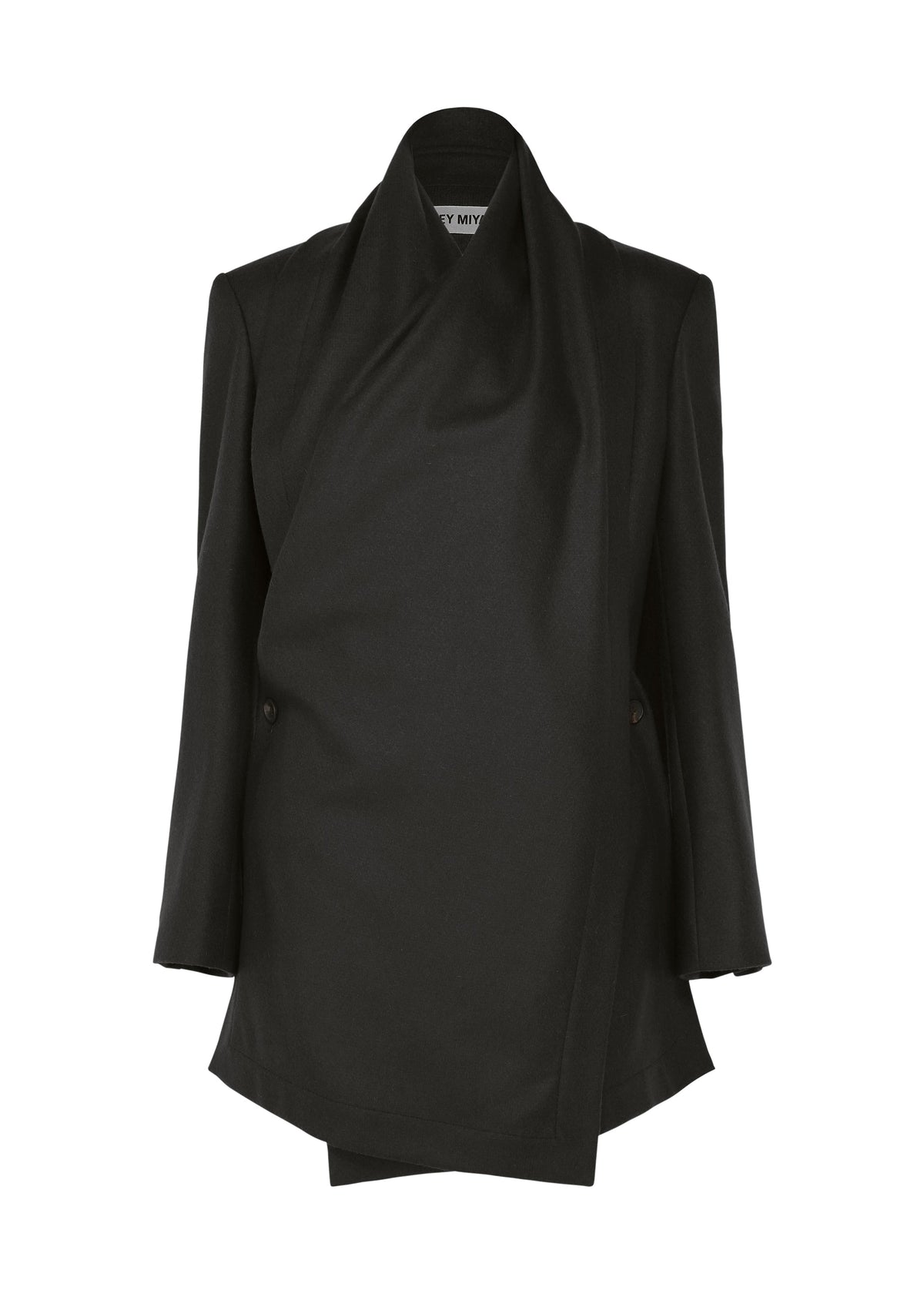 The MANNER by ISSEY MIYAKE is a black structured lamb’s wool jacket featuring an asymmetrical draped front, long sleeves, and a high collar, shown on a plain white background. view 2 of 8